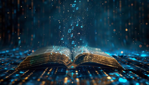 An open book with pages turning into digital data streams, representing the integration of technology and education in AI educational tools.