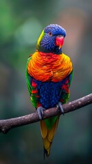 Naklejka premium A brightly colored parrot sits on a branch. AI.