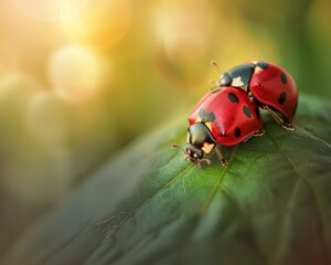 Two red ladybugs on a green leaf. AI.