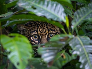 A jaguar peers out from the foliage of the  rainforest. AI.