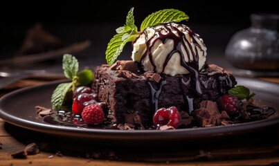 Chocolate cake with ice cream scoop
