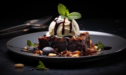 Chocolate cake with ice cream scoop