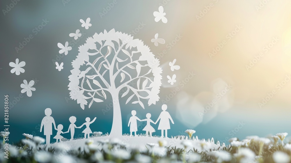 Poster papercut art a tree is the main focus of the image with group of member family gathered around the t