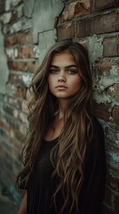 Fototapeta premium Portrait of a young woman with long brown hair wearing a black shirt standing in front of a brick wall. AI.