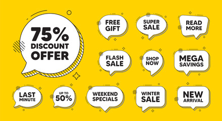 Offer speech bubble icons. 75 percent discount tag. Sale offer price sign. Special offer symbol. Discount chat offer. Speech bubble discount banner. Text box balloon. Vector