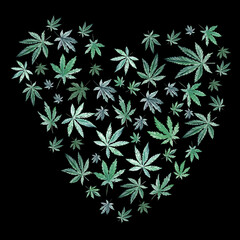 Green cannabis heart on black background, green leaves Hand drawn watercolor illustration, medicine herb plant