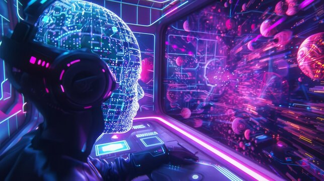 Science fiction scene where characters unlearn reality through virtual simulation, surreal, dreamlike visuals, vibrant digital art