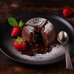 Fondant with hot chocolate and strawberries. AI generated