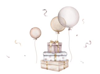Watercolor Air Balloons and exploding confetti on isolated background. Hand drawn illustration for greeting cards stack of gift boxes with bows for New Year and birthday pastel colors.
