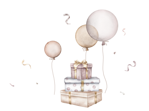 Watercolor Air Balloons and exploding confetti on isolated background. Hand drawn illustration for greeting cards stack of gift boxes with bows for New Year and birthday pastel colors.