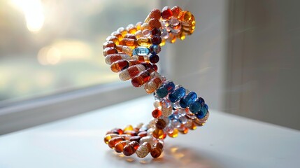 DNA double helix with luminescent particles on the table . Biotechnology and scientific concept for genetic research and molecular science