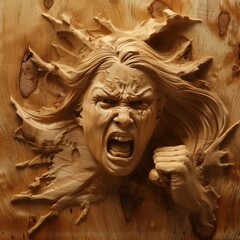 Nervous woman, facial expression carved into wood.j