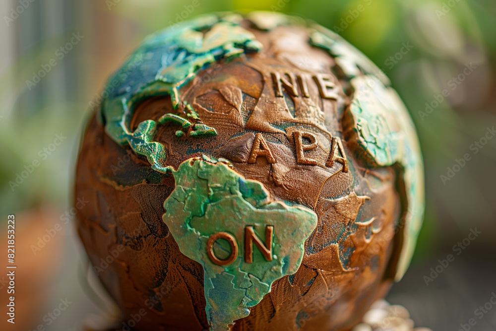 Poster stylized clay earth globe with embossed letters spelling out one earth symbolizing environmental uni