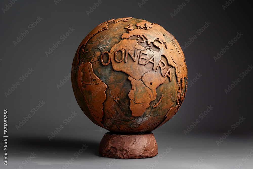 Poster stylized clay earth globe with embossed letters spelling out one earth symbolizing environmental uni