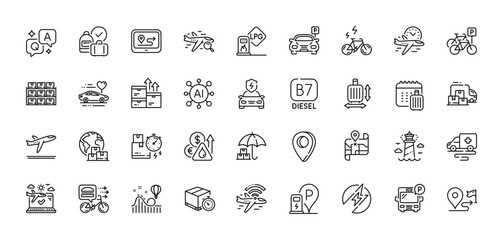 Bicycle parking, Delivery truck and Gps line icons pack. AI, Question and Answer, Map pin icons. Ambulance transport, Lighthouse, Map web icon. Food delivery, Diesel, Car charging pictogram. Vector