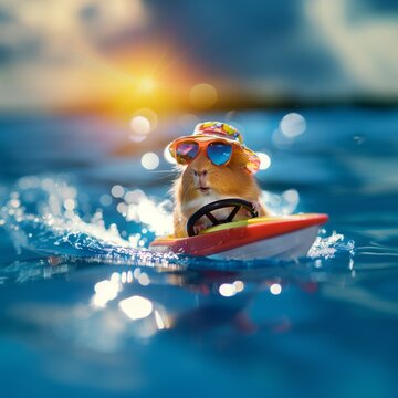 Guinea pig driving a speedboat.