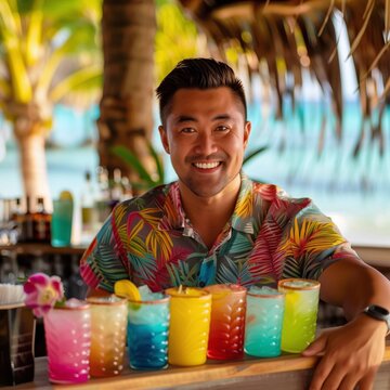 Smiling Asian male bartender serving cocktails on a beach tiki bar by the sea, square photo