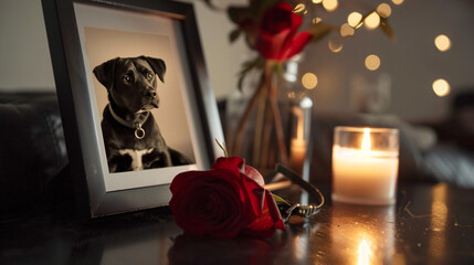 Frame with picture of dog collar burning candle 