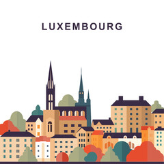 Luxembourg city isolated cityscape image with abstract shapes of skyline, buildings, landmarks, castle, cathedral. Vintage travel vector illustration	