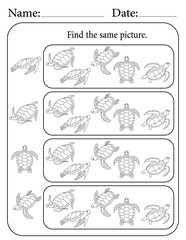 Sea Turtle Puzzle. Printable Activity Page for Kids. Educational Resources for School for Kids. Kids Activity Worksheet. Find Similar Shape