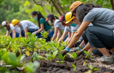 Fototapeta premium diversity volunteer worker group enjoy charitable social work outdoor in mangrove planting NGO work for fighting climate change and global warming in the coastline habitat project