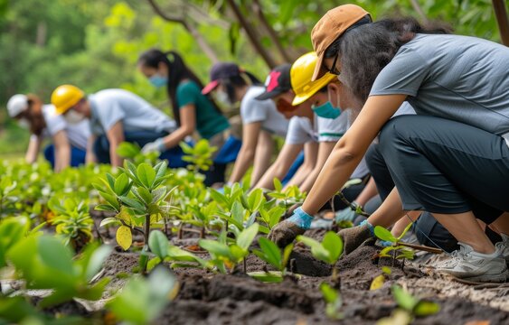diversity volunteer worker group enjoy charitable social work outdoor in mangrove planting NGO work for fighting climate change and global warming in the coastline habitat project