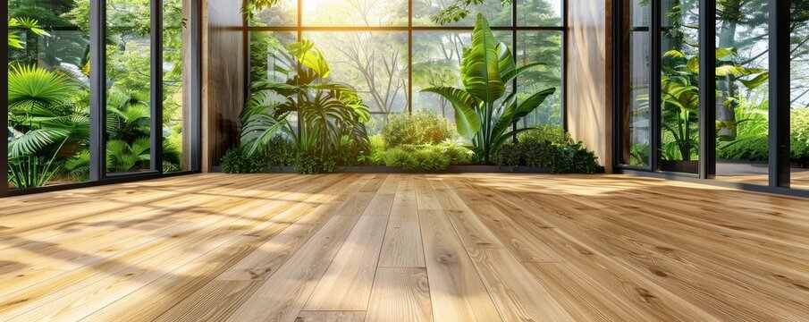 Bright office with wooden parquet flooring, large windows, and indoor plants, sunlight creating beautiful shadows.