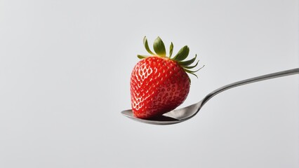 Close-up of red strawberry resting on a silver spoon