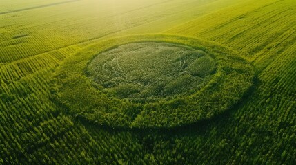 An aerial view of lush green farmland with a circular patch of bright yellow canola plants representing the potential for biofuels to be produced from a variety of sources.