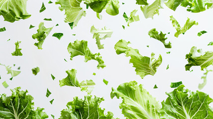 Fresh green lettuce leaves falling on white background