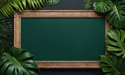 lank chalkboard with wooden frame and tropical leaves