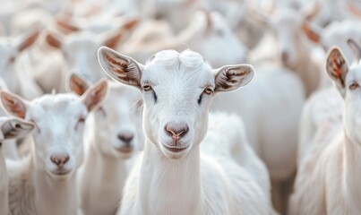 flock of white horned goats in summer meadow