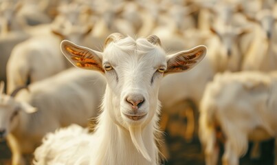 Obraz premium flock of white horned goats in summer meadow