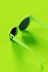Green sunglasses on fluorescent green background. 3D Rendering, 3D Illustration