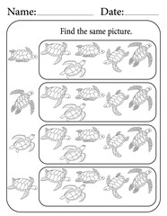 Sea Turtle Puzzle. Printable Activity Page for Kids. Educational Resources for School for Kids. Kids Activity Worksheet. Find Similar Shape