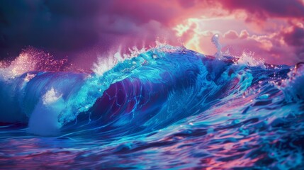 Ethereal Pink and Blue Ocean Waves at Sunset in a Surreal Dreamlike Seascape

