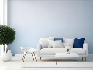 Living room with white blank wall white mockup. with pillow Oxford Blue Armchair. Scandinavian modern interior design. 3D rendering