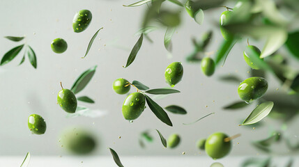 Fresh olives and leaves falling on light grey background