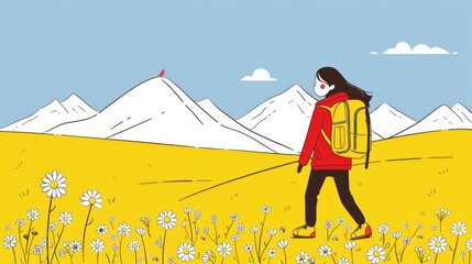 Fototapeta premium Illustration of a woman hiker taking a break in a mountainous field with flowers and snow-capped peaks.