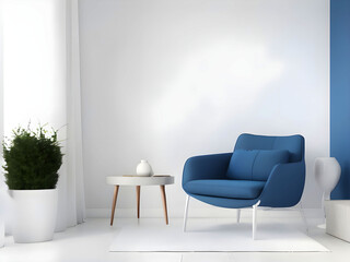 Living room with white blank wall white mockup. with pillow Oxford Blue Armchair. Scandinavian modern interior design. 3D rendering