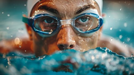 portrait of an athlete swimmer in swimming goggles strives for victory at a swimming competition. men's swimming championship