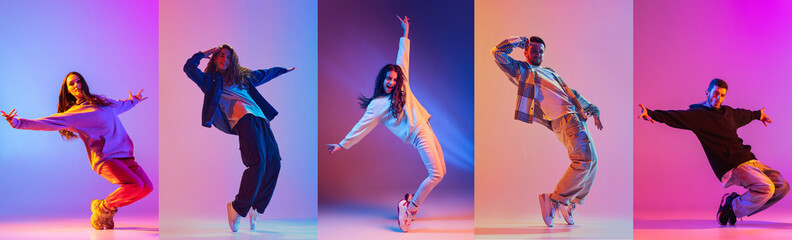 Dynamic collage. Talented people, professional dancers moving, dancing in action in neon light against gradient background. Concept of contemporary dance style, youth, hobby, action and motion. Ad