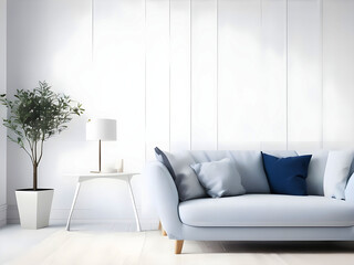 Living room with white blank wall white mockup. with pillow Oxford Blue Armchair. Scandinavian modern interior design. 3D rendering