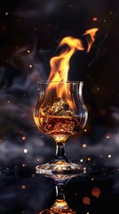 Flaming Cognac in Glass on Black Background. Generative ai