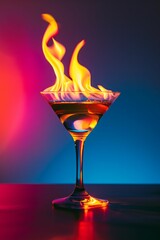 Flaming Martini on Colorful Background. Generative ai