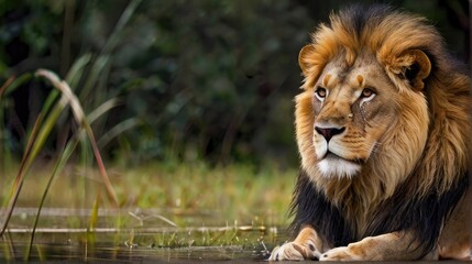 Fototapeta premium Male lion African lying on the grass in jungle 