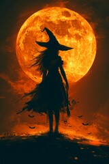 Silhouette of Witch with Full Moon Background. Generative ai