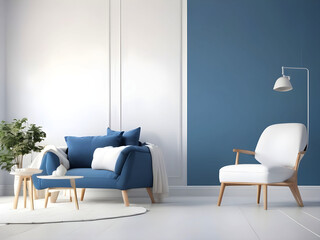 Living room with white blank wall white mockup. with pillow Oxford Blue Armchair. Scandinavian modern interior design. 3D rendering