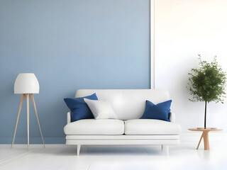 Living room with white blank wall white mockup. with pillow Oxford Blue Armchair. Scandinavian modern interior design. 3D rendering