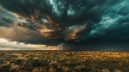 large tornado with a blue-green hue touching down in a field